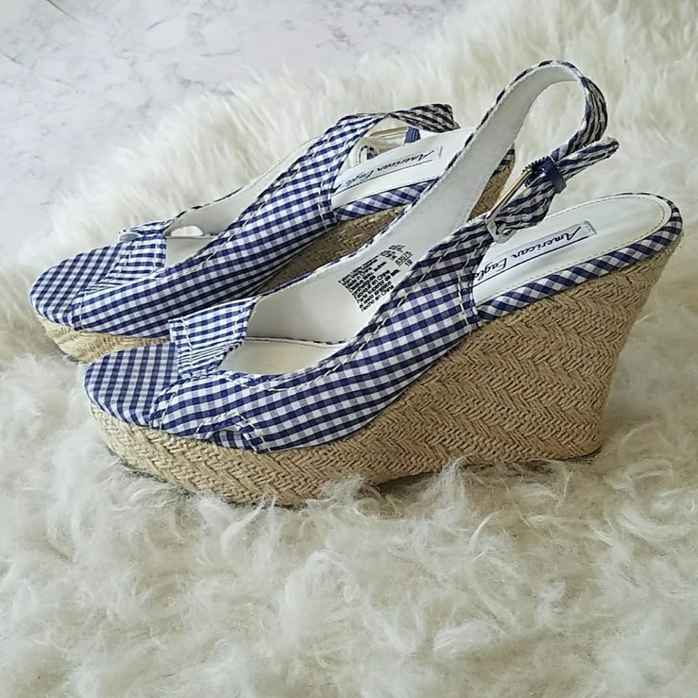 Blue gingham print espadrille wedges